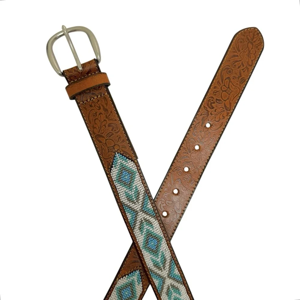 Lucky Brand Women's Large  Western Brown Beaded Strap Genuine‎ Leather Belt NWT